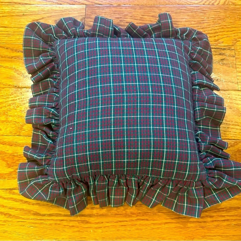 Handmade Crossstitch Christmas Ruffled Plaid Accent Pillow Holiday Santa Vintage